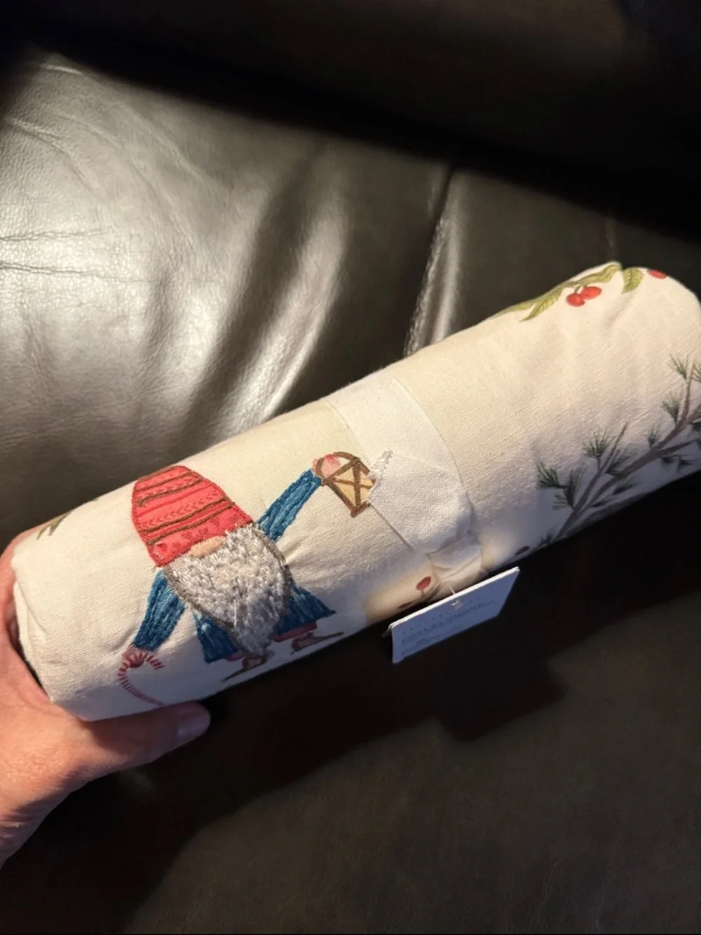 Pottery Barn Embroidered Gnome Table Throw - White with Red and Brown Accents